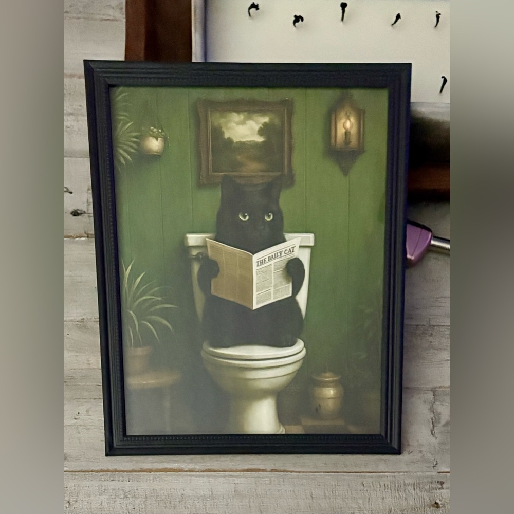 Framed Cat Art Print - Black Cat Reading Newspaper